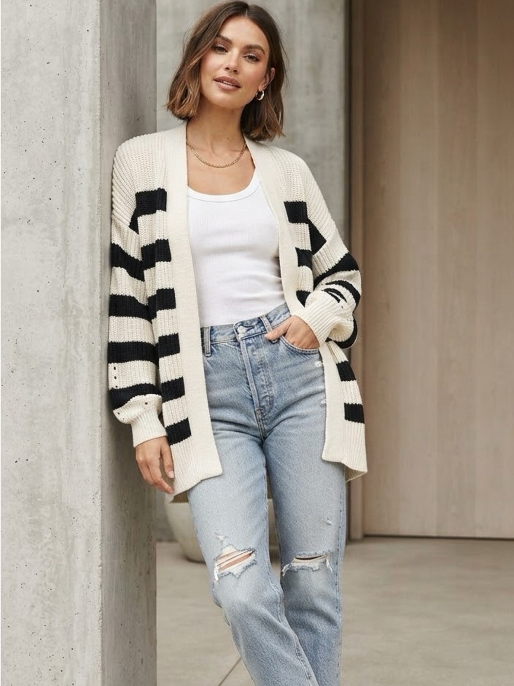 Universal Thread Cream and Black Striped Open-Front Cardigan